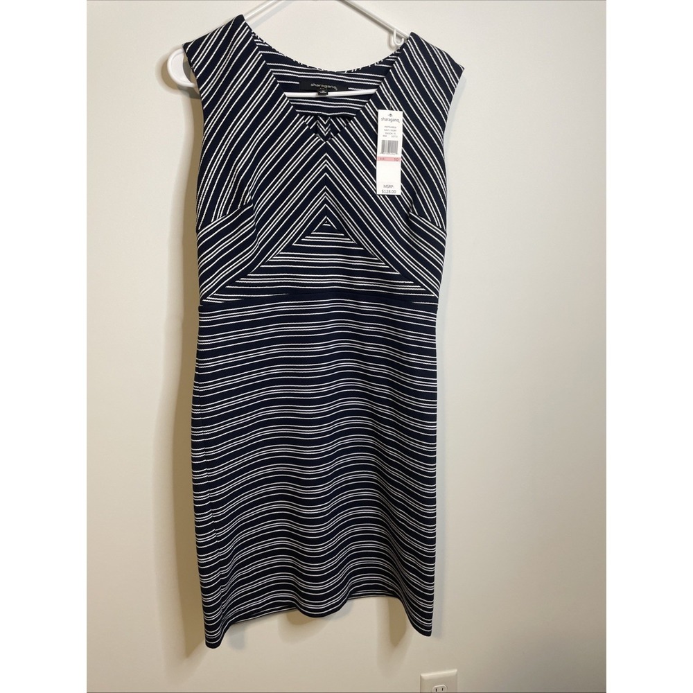 Sharagano 10 Black White Striped‎ Sheath Dress Geometric Career Stretch